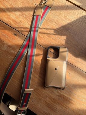 Bandolier Tan Leather Phone Case with Striped Crossbody Strap- iPhone 13